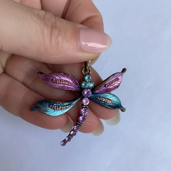 Vintage fairy cottagecore Dragonfly pendant with purple and teal rhinestones. - Image 2
