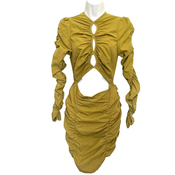 PrettyLittleThing Y2K CutOut Bodycon Dress Sz 4 Club Ruched Party Olive Indie - Image 2