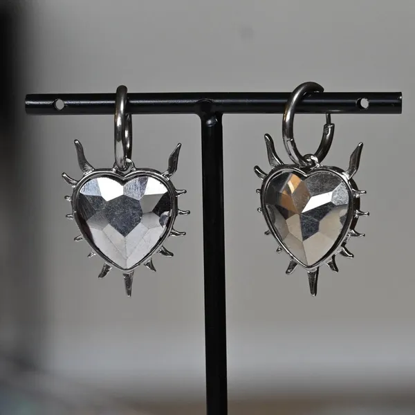 Silver and Red Heart Earrings goth tattoo flame flaming witchy drop cute gift - Image 3