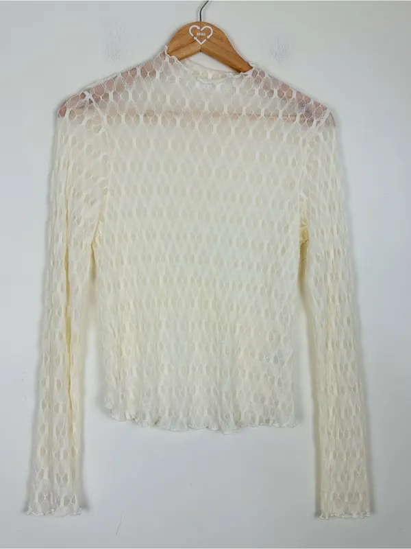 ASTR the label ivory sheer textured long sleeve top w/ asymmetric back detail. M - Image 3
