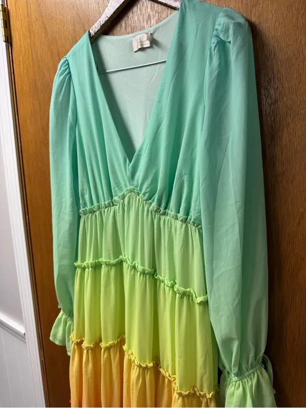 Champagne & Strawberry Multicolor Gradient High Low Long Sleeve Midi Dress Large - Image 12