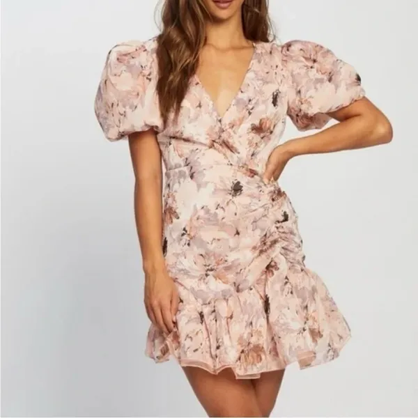 MISSGUIDED Mini Dress Size 0 Pink NWT Floral Coquette Flirty Puff Sleeve Frill - Image 2