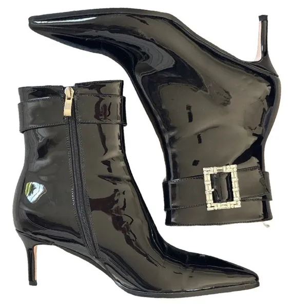 Black Patent Pointed Toe Ankle Boots Rhinestone Bling Buckle Kitten Heel Size 9 - Image 6