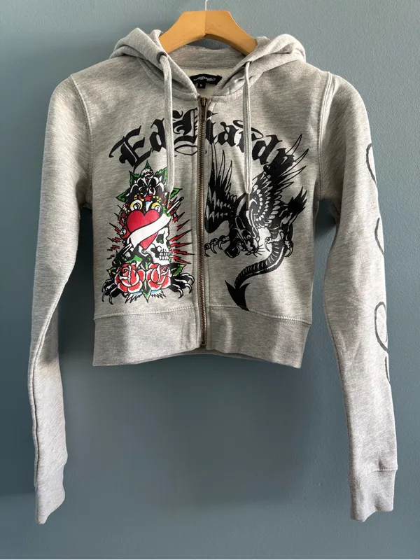 Ed Hardy Cropped Full-Zip Grey Hoodie - Image 7