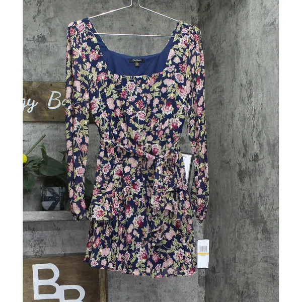 NWT City Studio Square-Neck Fit Flare Shear Lined Dress Navy Blue Multi S - Image 4