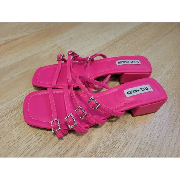 New womens sz 7 Steve Madden pink African slide sandals Y2K rhinestone short - Image 5