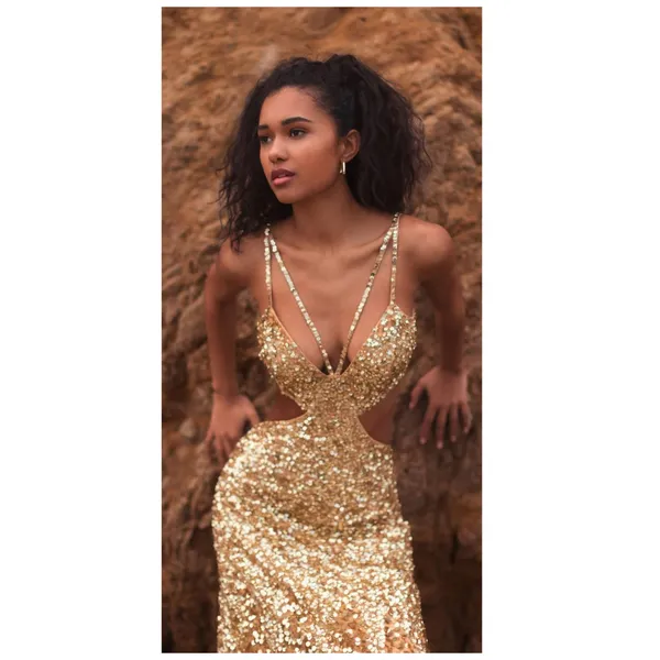 NWT Mac Duggal 6077 Gold Thin Strap Cut Out Gown With Ombre Sequins Size 8 - Image 3
