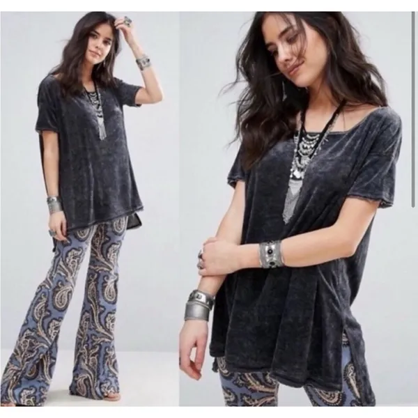 Free People Doran Velvet Grey Short Sleeve Tunic Top‎ Oversized Size Small - Image 3