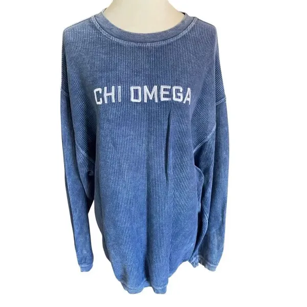 Corded Crew Slate Blue Chi Omega Corduroy-Style Sweatshirt – Size Large - Image 3