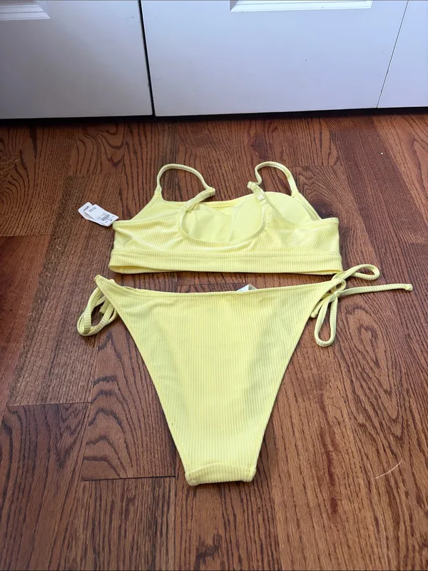 aerie Yellow Ribbed Tie-Side Bikini Top & Bottom size Large New - Image 4