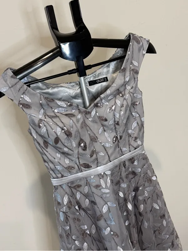 Quiz Silver Gray Sequin Embroidered Fit & Flare Dress Formal Homecoming Party - Image 3