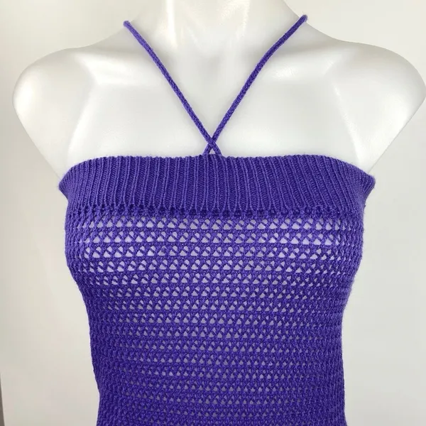 Womens Purple Open Knit Crochet Halter Bodycon Summer Swim Coverup Dress Size M - Image 2