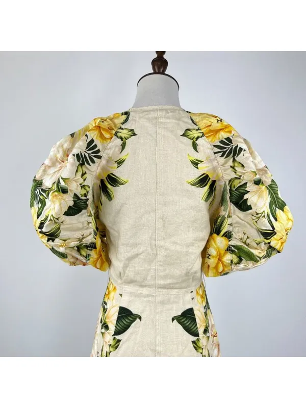 NWOT Farm Rio Linen Sand Garden Cascade Puff Sleeves Mini Dress Size M - Image 9