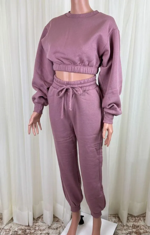 Zenana 2 Pcs Crop Sweatshirt Tracksuit Jogger Pants Set Outfit Active Loungewear Dusty Rose Pink Size Large - Image 5
