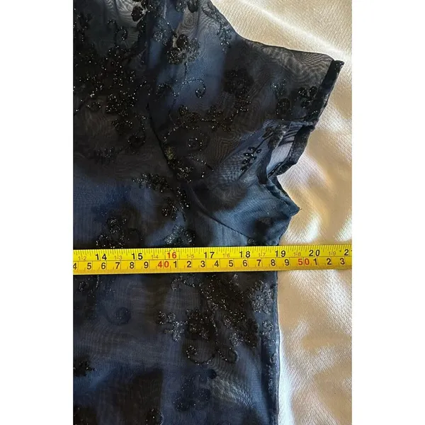 Vintage Dress Navy Black Shimmer floral Sheer Midi Size 14 1/2 Whimsy Fairy Goth - Image 7