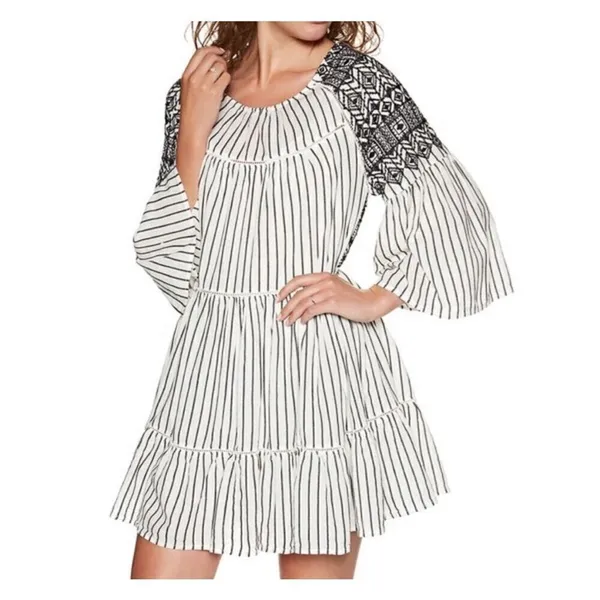 Free People Women's Boho Mini Lola Striped Dress White Black Tiered Embroidered‎ - Image 4