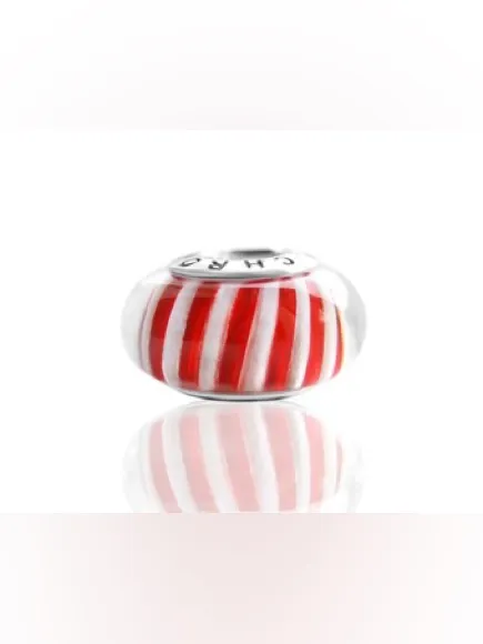 Pandora 925 Sterling Silver Cinnamon Red and White Striped Murano Glass Charm - Image 5