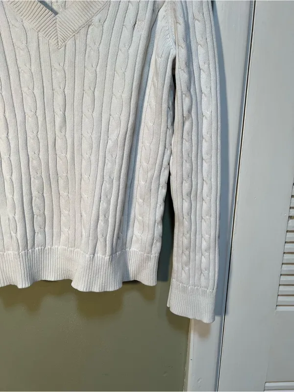 Chaps Women's Size XL V-Neck Sweater Cream White Cableknit 100% Cotton - Image 6