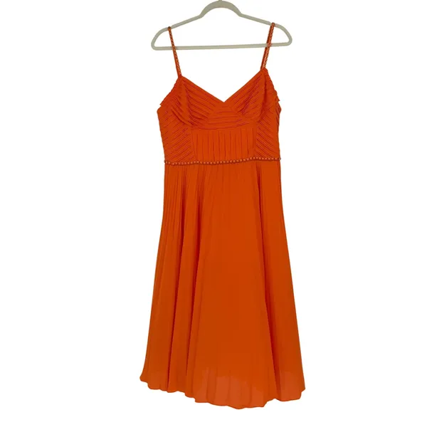 Karen Millen Orange Pleated Midi Dress US 10 Beaded Straps Wedding Guest - Image 2
