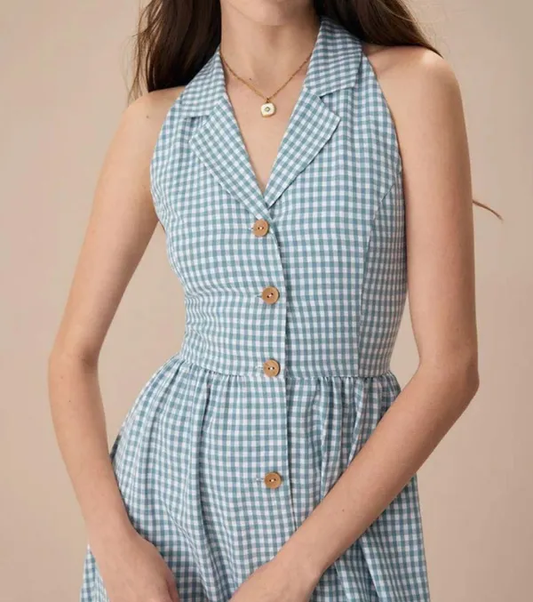 Rihoas Blue Lapel Plaid Sleeveless Shirt Midi Dress - Image 3