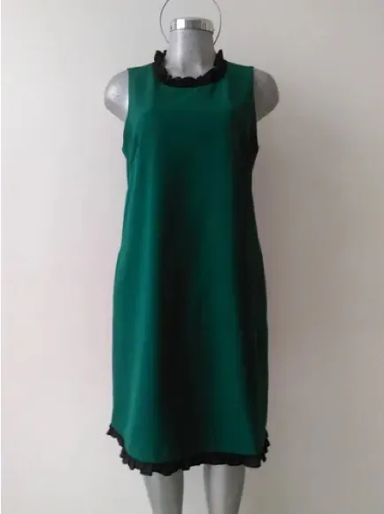 J.Crew Sleeveless Forest Green Shift Dress with Blue Ruffled Trim Size 8 - Image 2