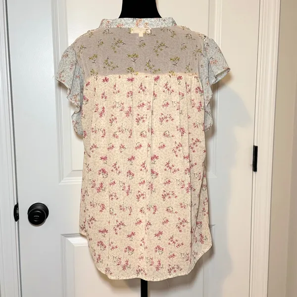 Entro Floral Patchwork Crochet Blouse Pink Blue Size Large Boho Fairy Cottage - Image 5