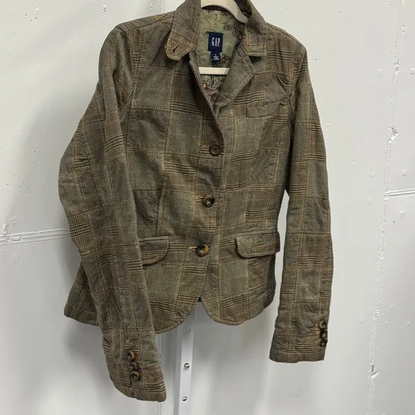 Y2K Gap Women's Brown Patchwork Plaid Herringbone Blazer Jacket Size 6 Earthtone - Image 4