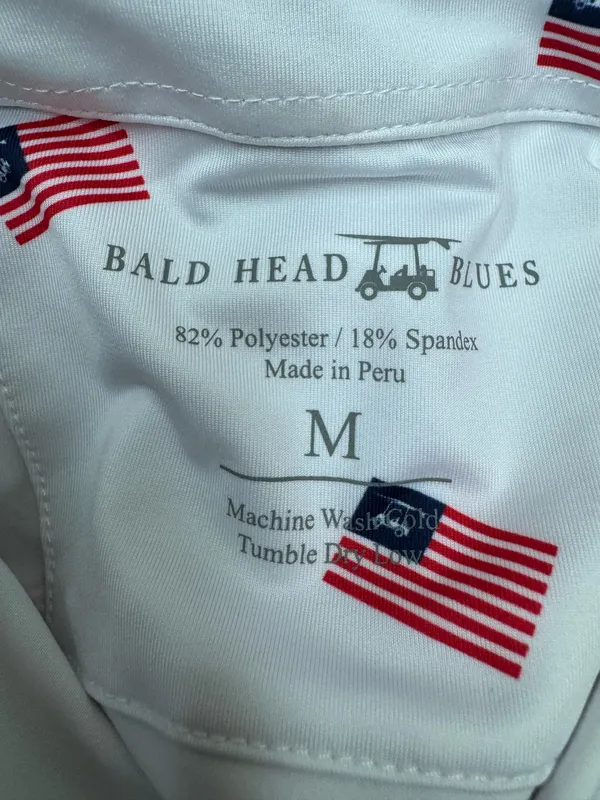 Bald Head Blue White American Flag with Golf Cart Mens White Albatross Polo- Med - Image 5