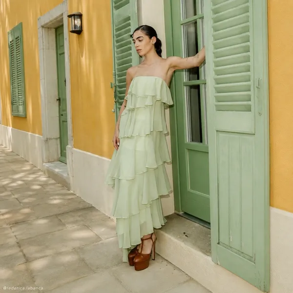 Meshki | NWT Alexa Ruffle Chiffon Strapless Maxi Dress in Pastel Lime | XS - Image 4