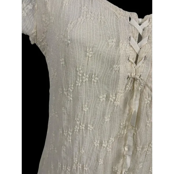 KIRIOUS Lace Up Midi Dress Cream Boho Sheer Lace Textured Slit Festival Beach S - Image 6
