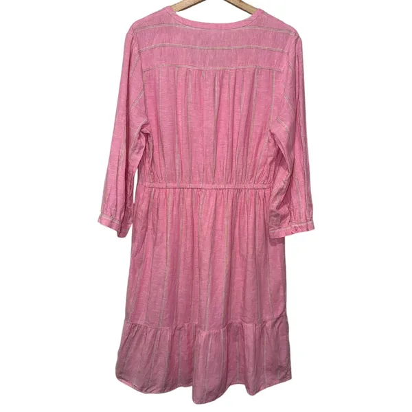 Old Navy Peasant Midi Dress Sz L Pink Linen Blend 3/4‎ Sleeve Tiered Cottagecore - Image 2