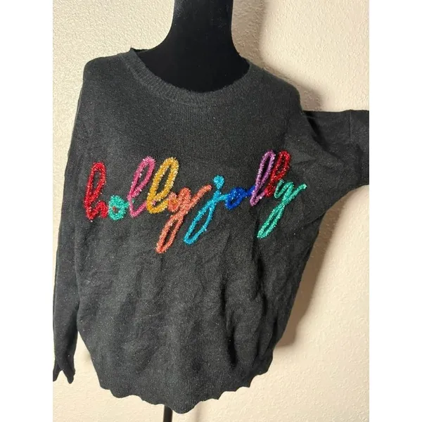 LE LIS Collection Holly Jolly Christmas Sweater black Multicolor Tinsel size XS - Image 3