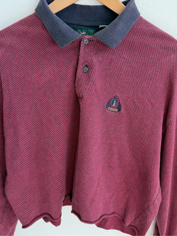 Vintage IZOD Polo Shirt Red Navy Distressed Cropped Long Sleeve 100% Cotton - Image 5