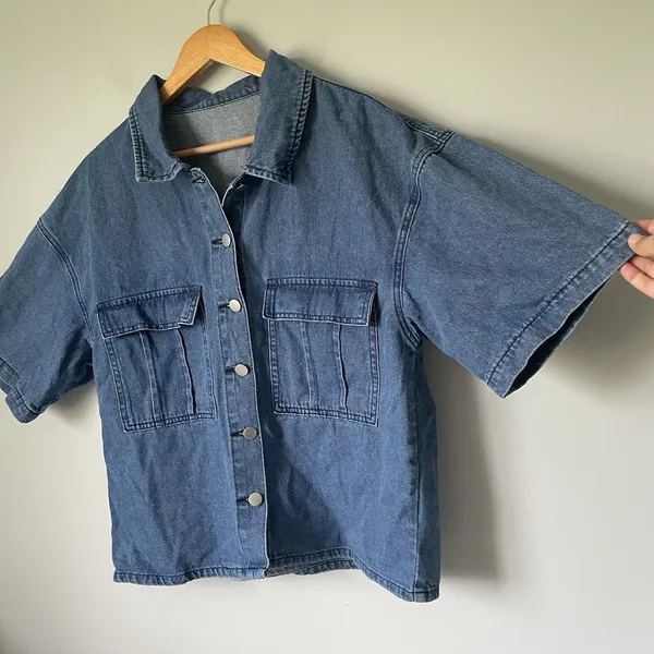 Oversized Denim Button Up Top Boxy Fit Cotton Blend Blue Women's Size Large - Image 5