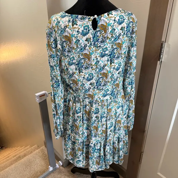 Altar'd State Long Sleeve Tiered Blue White Floral V-Neck Tie Dress Ruffle Flowy - Image 6