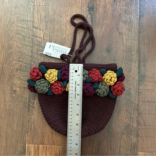 ANTHROPOLOGIE brown crochet wool bag with crochet flowers, NWT - Image 11