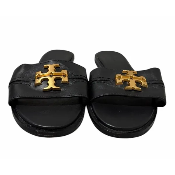 Tory Burch Everly‎ Calf Leather Gold Logo Slide Sandals Black Women's Size 7M - Image 2