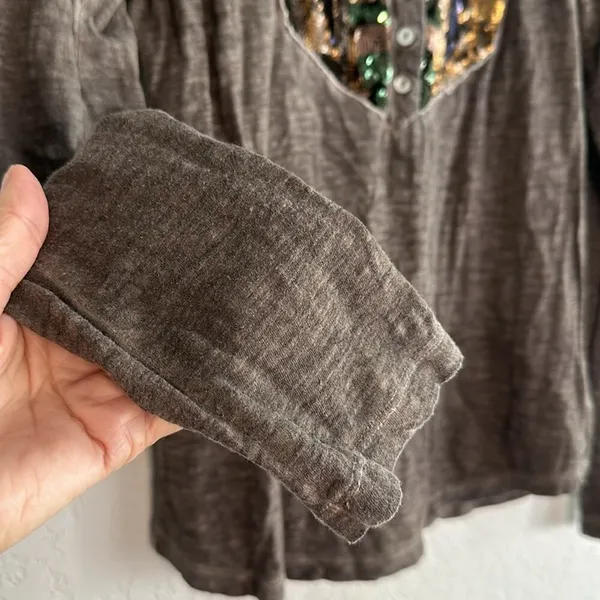 Free People Henley Sequin Bib Brown Long Sleeve T-Shirt Small - Image 4
