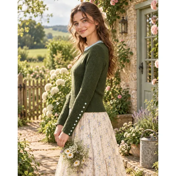 Anthropologie SLEEPING ON SNOW Green Cashmere Wool Button Sweater Knit Small - Image 4