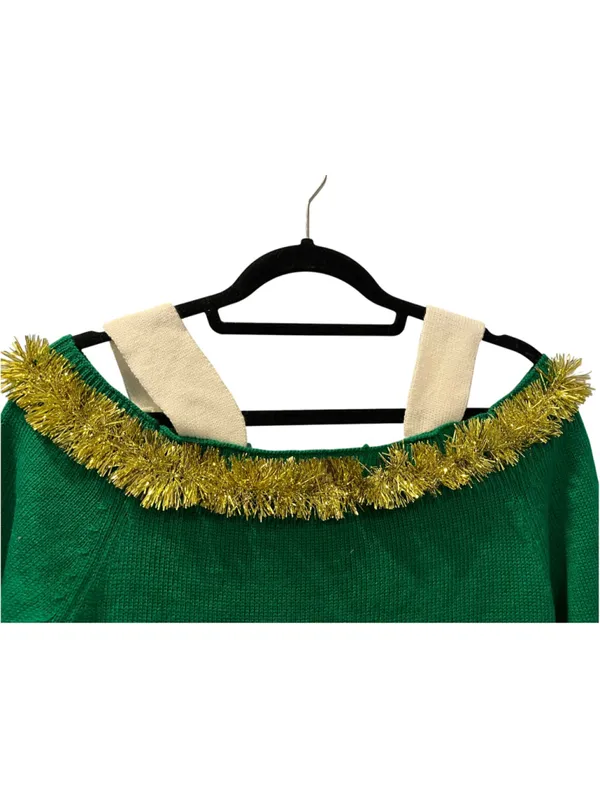Elf Ugly Christmas Sweater Dress Cold Shoulder Green White Tinsel Trim Small - Image 7