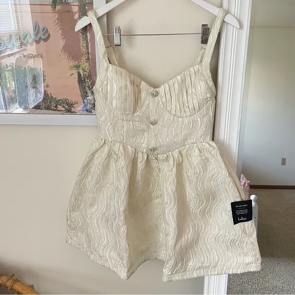 Lulus Charmingly Precious Pleated Textured Bustier Mini Dress Cream Medium - Image 4