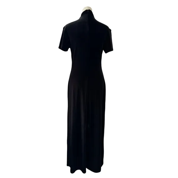 Vintage ‘90s Mica Black Velvet Mock Neck Short Sleeve Bodycon Maxi Dress - Image 6