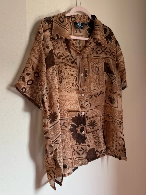 Y2K Sheer Brown & Beige Printed Button Down Shirt Size 1X - Image 3