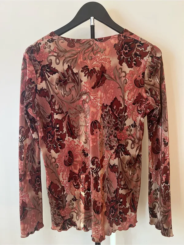 Y2K Plissé Sheer Floral Long‎ Sleeve Top Boho Fairy Grunge S - Image 3