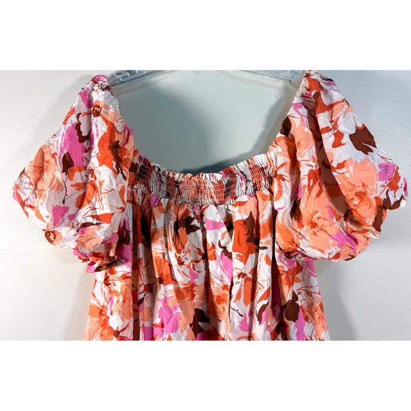 GeeGee Pink Orange Floral Smocked Puff Sleeve Tiered Mini Dress‎ 2XL - Image 5