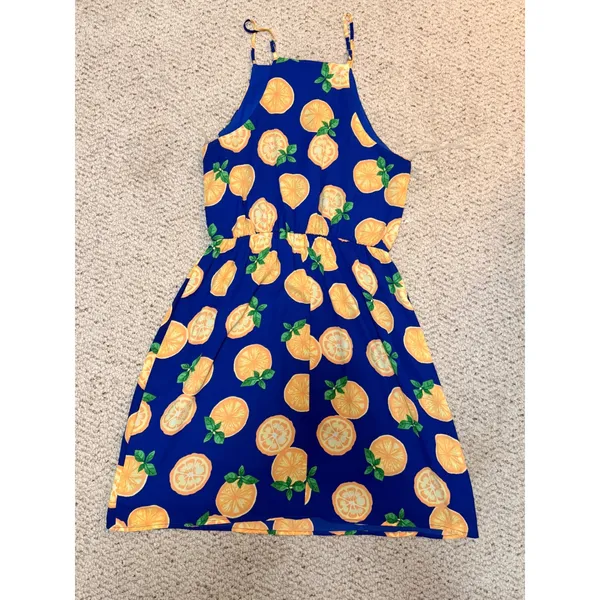 Everly Blue Orange Citrus Print Halter Dress Womens Small Vacation Resort Beach - Image 5