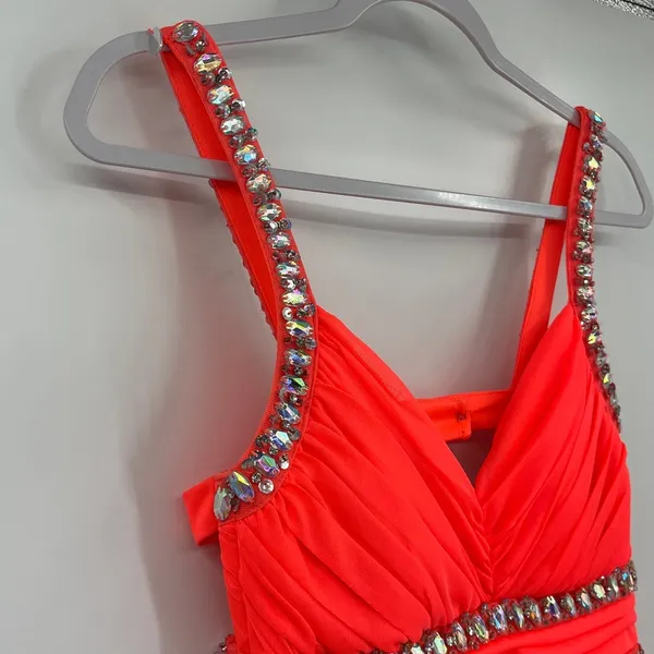 Sequin Hearts Y2K Neon Rhinestone Dress Sz 5 Prom Coral Pageant Bling Glam HOCO - Image 4