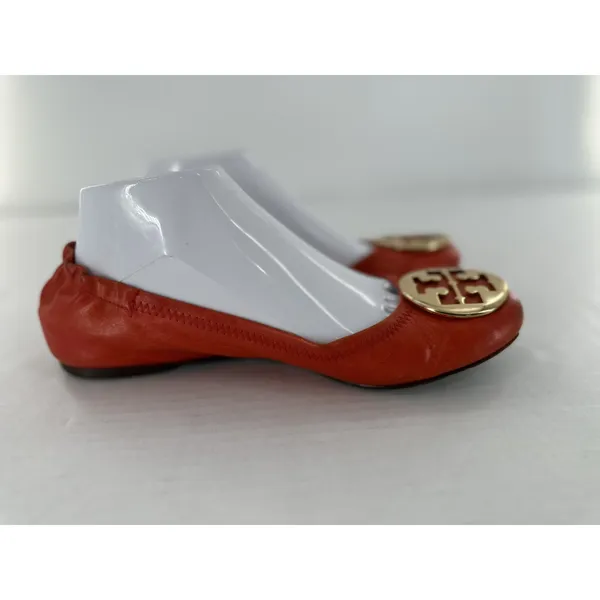 Tory Burch Flats Sz 8 Minnie Travel Orange Logo Office Classic Gold Logo Leather - Image 2