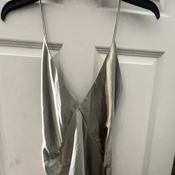 Missguided Satin Slip Dress High Side Slit Size 6 Olive/Kiwi Green - Image 2