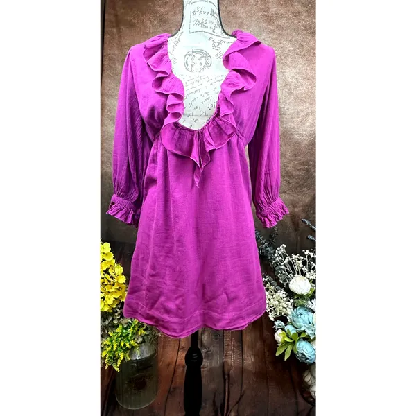 Free People Ruffled Collar 3/4 Sleeves Deep V Front Morning Light Mini Dress XS - Image 5